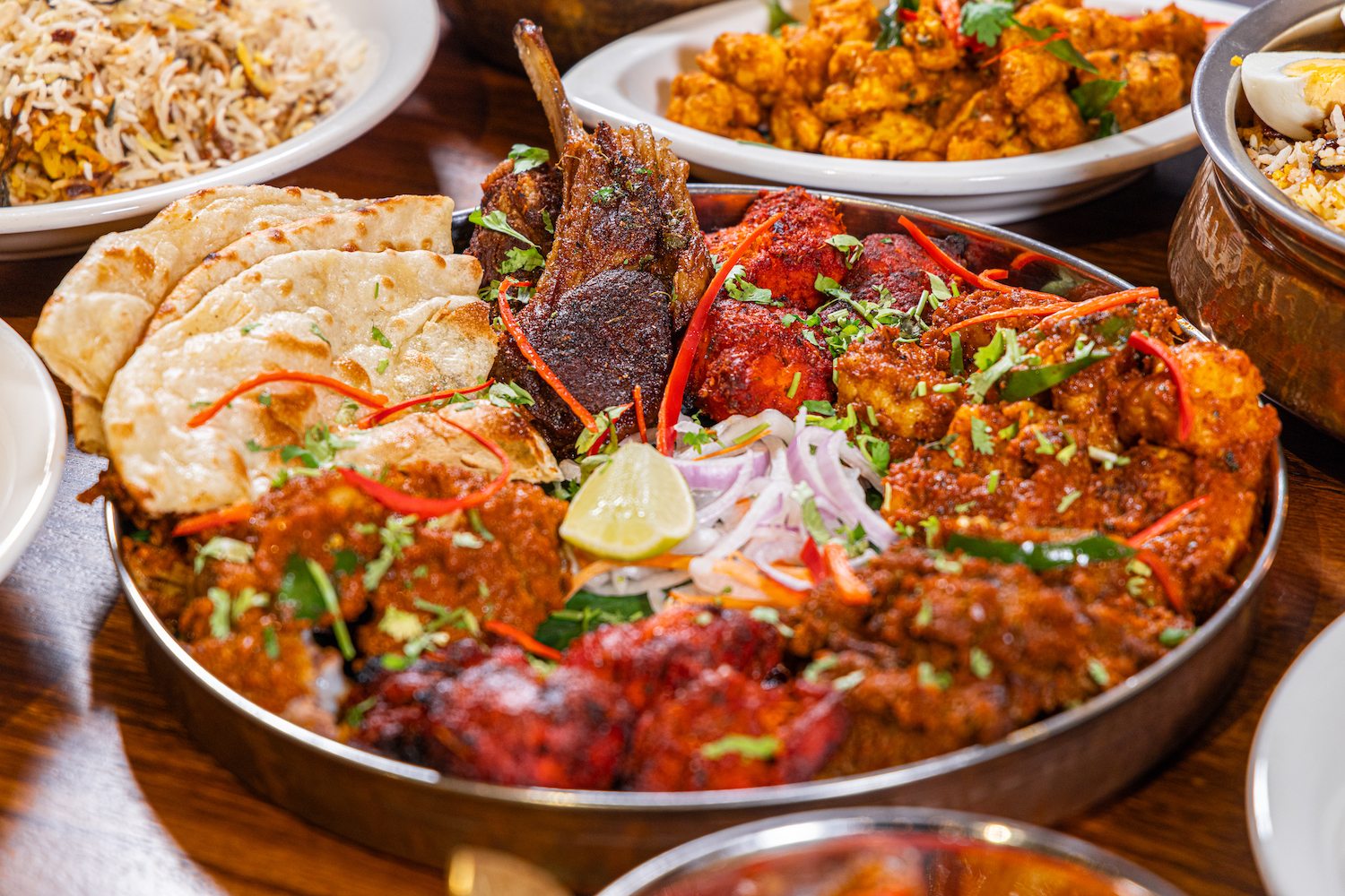 Cilantro feast with curries and biryani